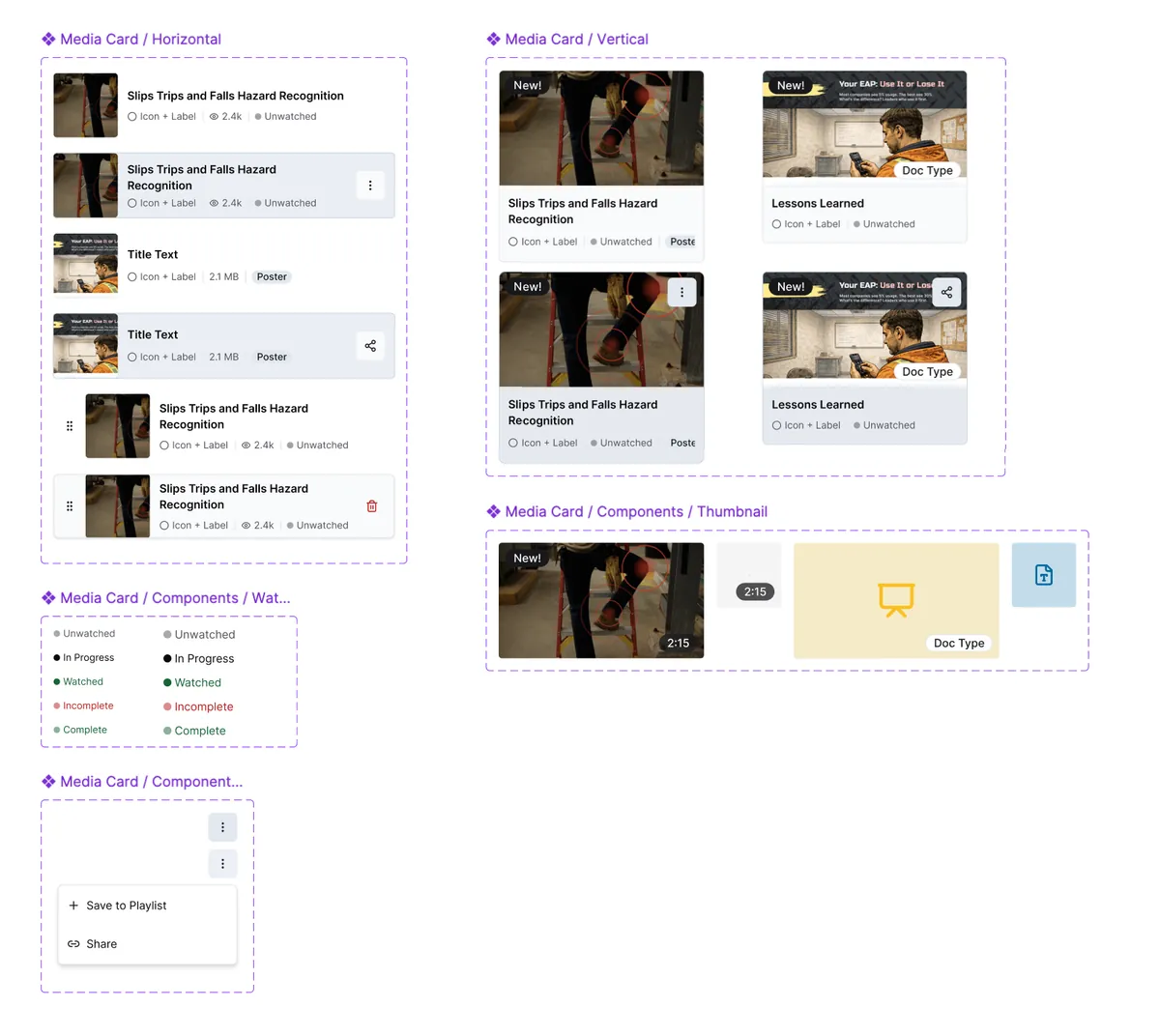 A Figma component sheet for the Media Card: horizontal and vertical variants, watch-status labels, thumbnail types, and an overflow menu with Save to Playlist and Share.